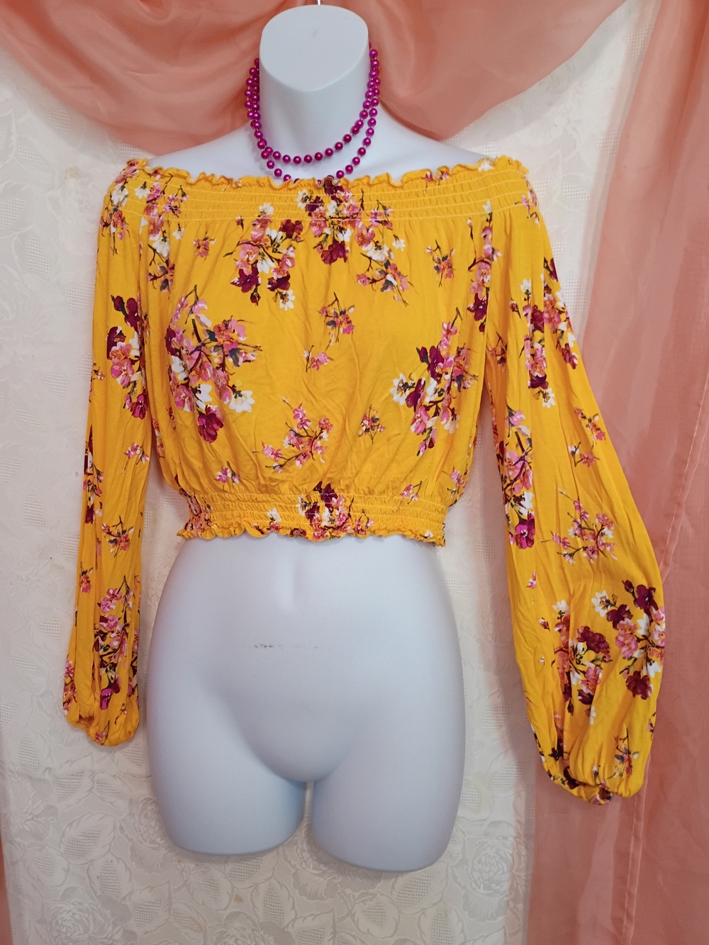 Divided Ladies Yellow Floral Off-Shoulder Crop Top Sz M